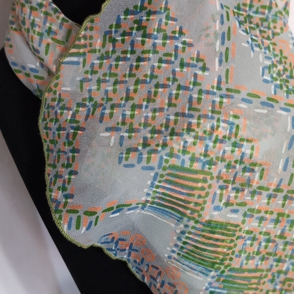 Vintage Sheer Green Orange Cross-Hatch Rectangle Scarf - Picture 2 of 2